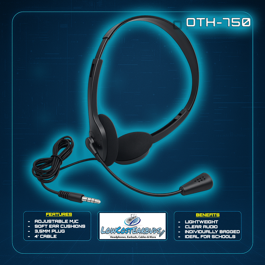 Black Over the Head 3.5mm Headset Headphones with Flexible Boom Microphone - Model: OTH-750 - Image 3