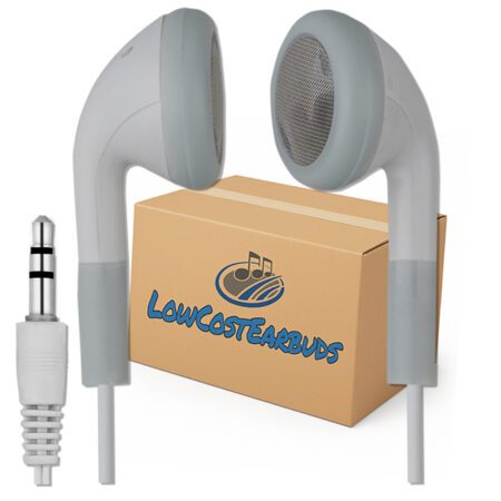 100 Pack White/Grey Earbuds, 3.5mm Plug, Individually Bagged