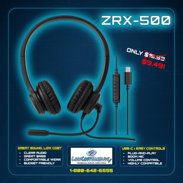 Black USB-C Stereo Headset Headphones with Boom Mic - Model ZRX-500 - Image 4