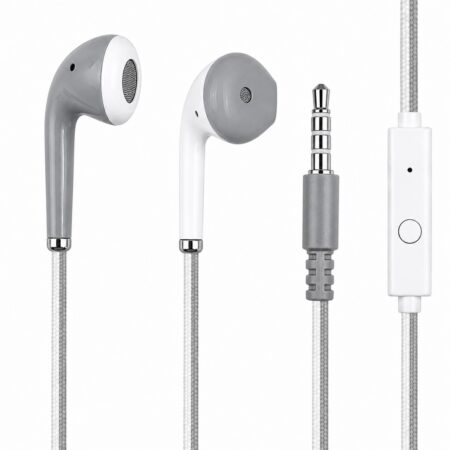Premium Two-Tone White & Grey Stereo Earbuds with Microphone – Textured Cable (Model: UL-24)